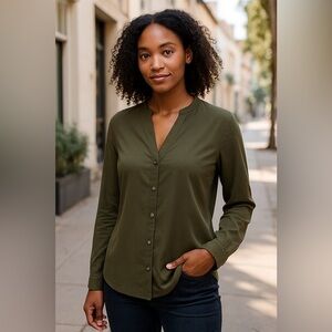 Zoa Women's Dark Gray Green Silky Dress Button Front Long Sl Shirt EUC XS #1852